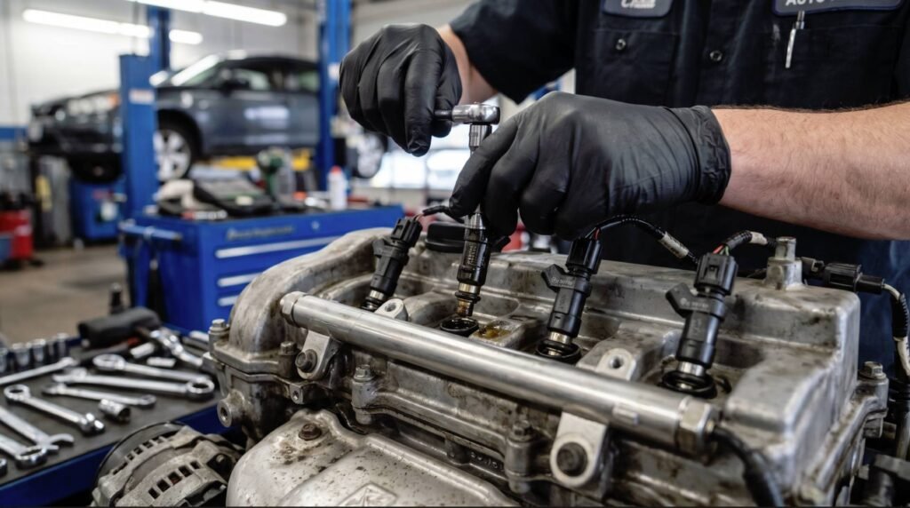 Mechanic performing a diagnostic check and maintenance on a car engine at High Tech Motors auto repair shop in West Palm Beach.