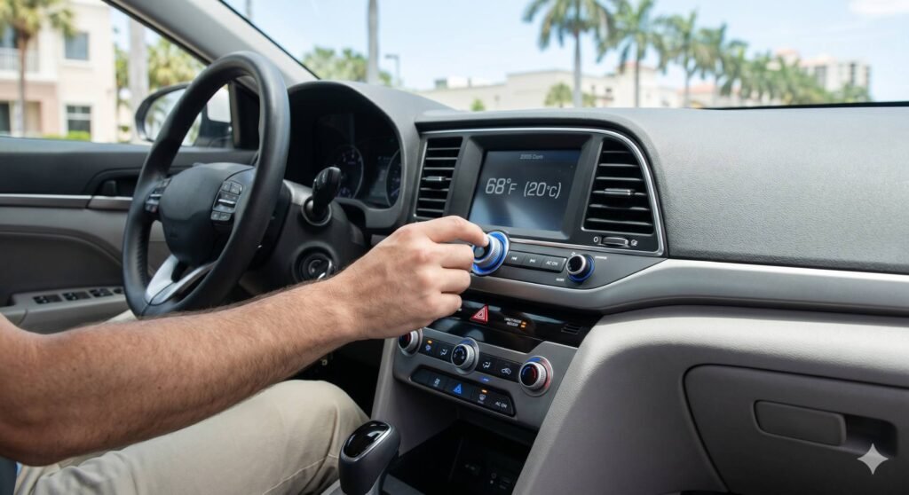 Un conductor ajustando la temperatura del aire acondicionado en el salpicadero de un coche moderno en West Palm Beach, Florida.